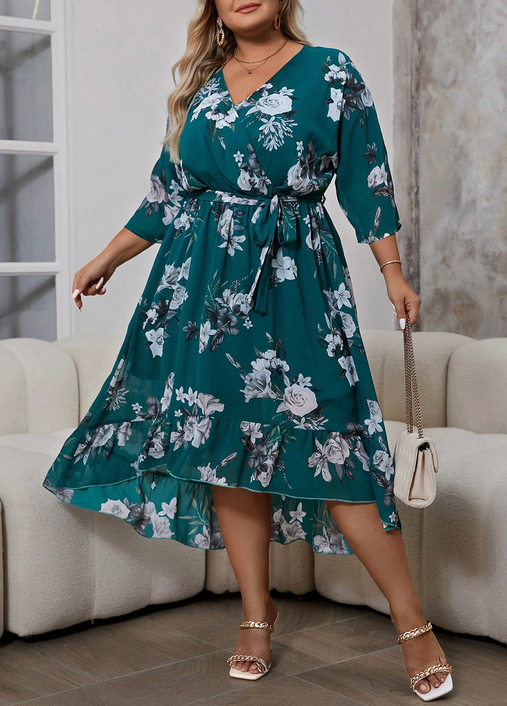 Темно-бирюзовое кэжуал платье клеш SHEIN с цветочным принтом