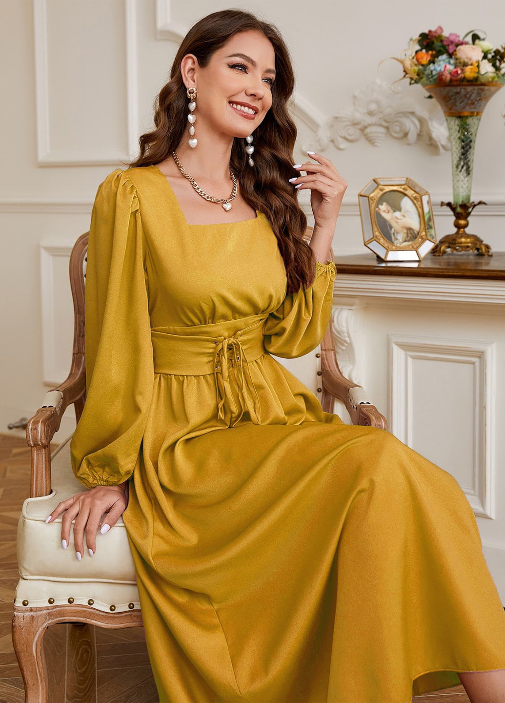 Горчичное кэжуал, вечернее платье SHEIN однотонное