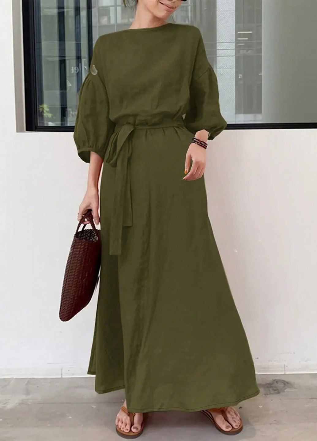 Оливковое (хаки) кэжуал платье SHEIN однотонное