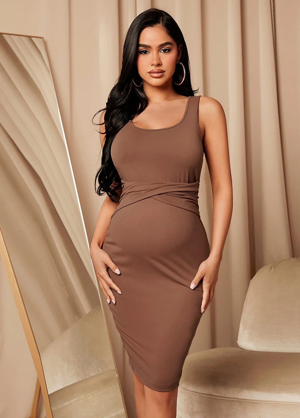 Кавова кежуал сукня для вагітних сукня-майка, футляр SHEIN однотонна