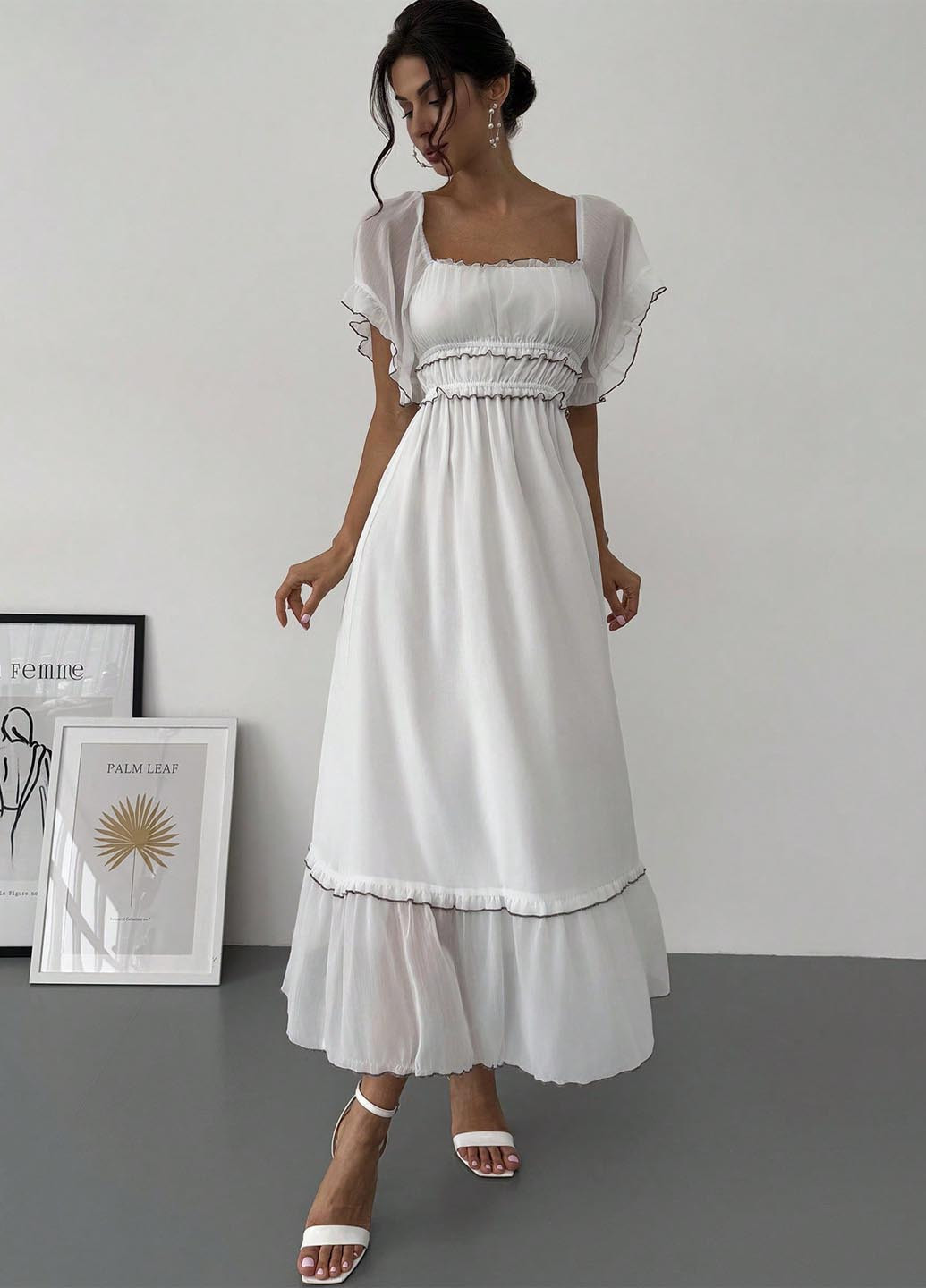 Кремовое кэжуал платье в стиле ампир SHEIN однотонное