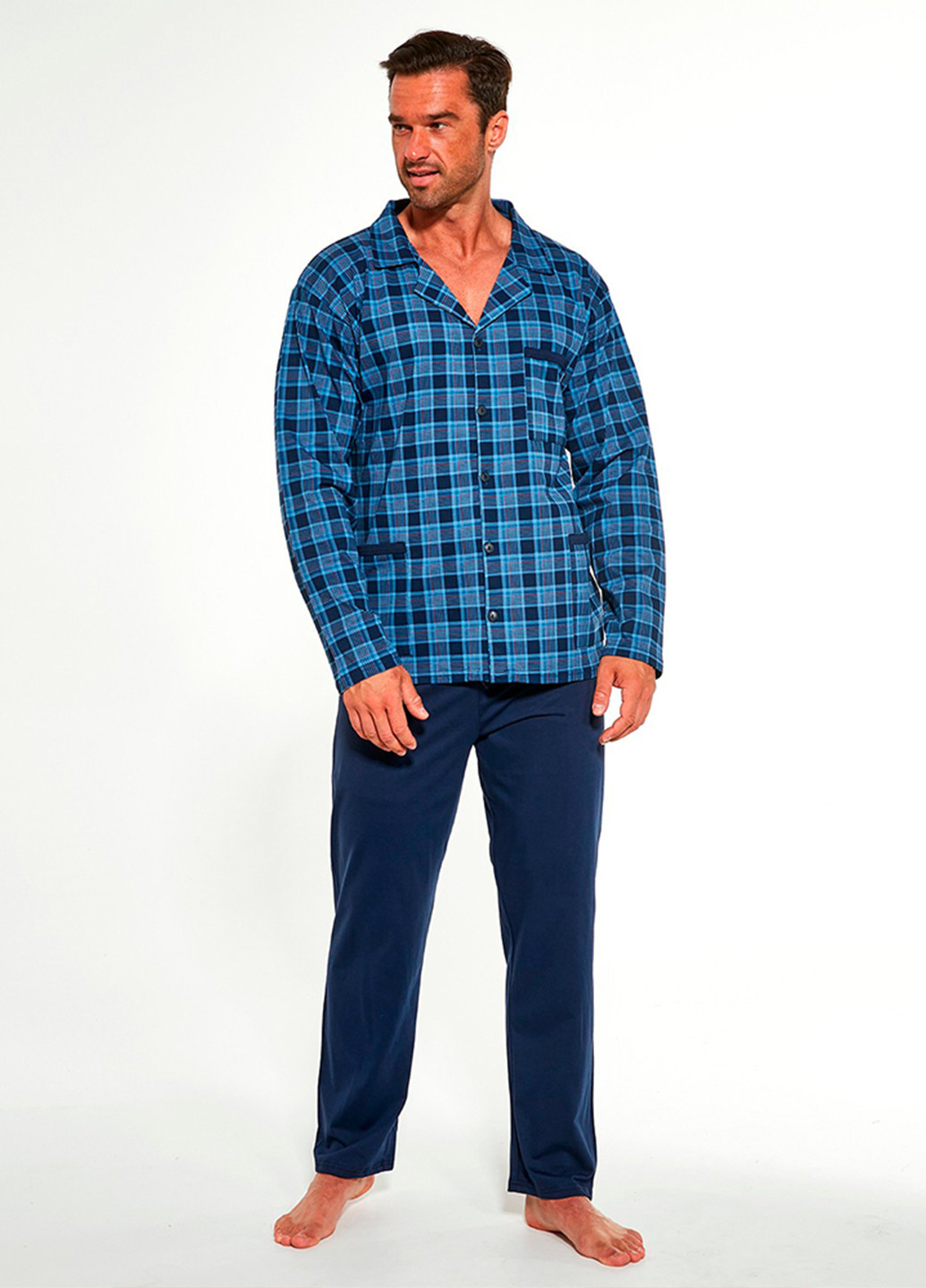 Піжама (сорочка, штани) Cornette рубашка + брюки клітинка синя домашня бавовна