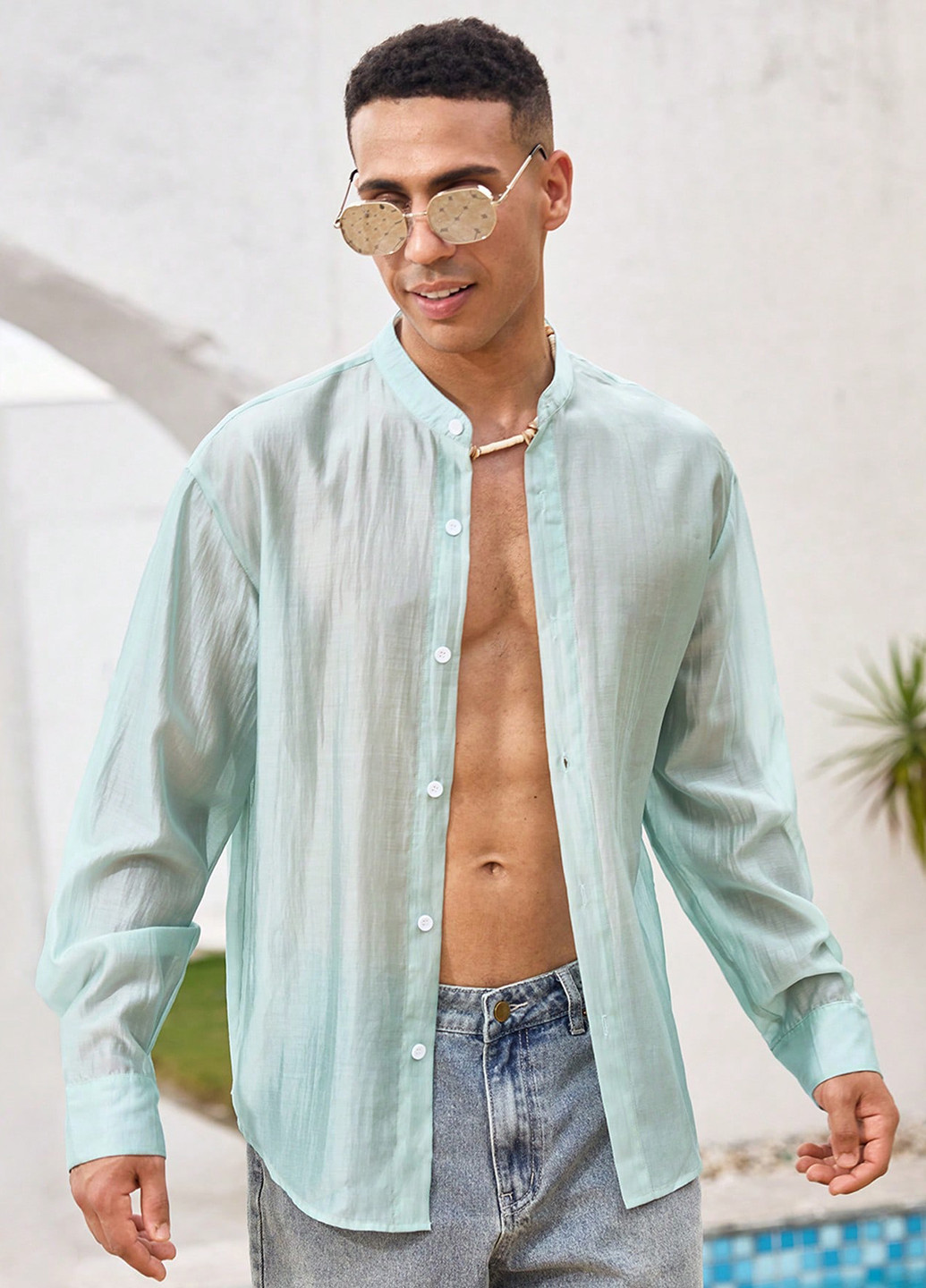 Мятная кэжуал рубашка однотонная SHEIN