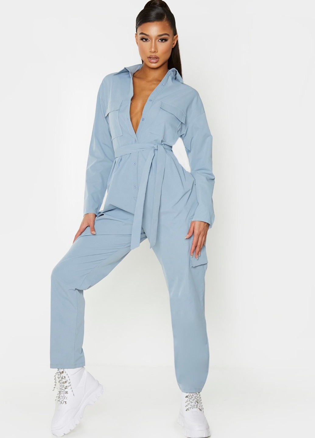 Комбинезон PrettyLittleThing комбинезон-брюки однотонный светло-синий кэжуал полиэстер
