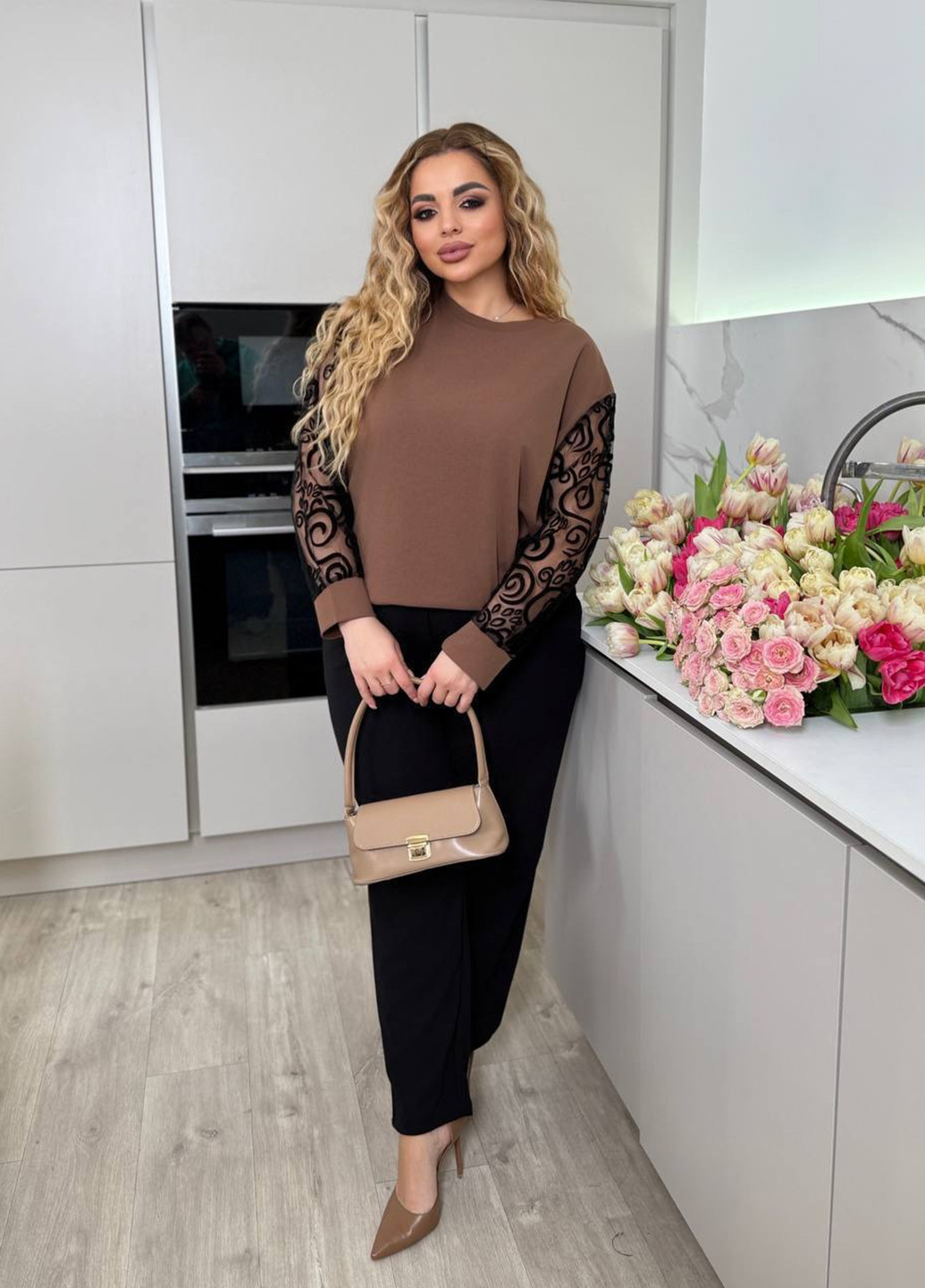 Темно-бежевий демісезонний комплект (світшот, штани) No Brand