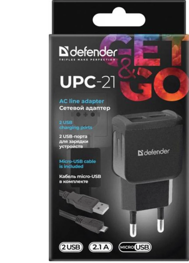 Зарядное устройство UPС-21 2xUSB,5V/2.1А кабель microUSB (83581) Defender (216637477)