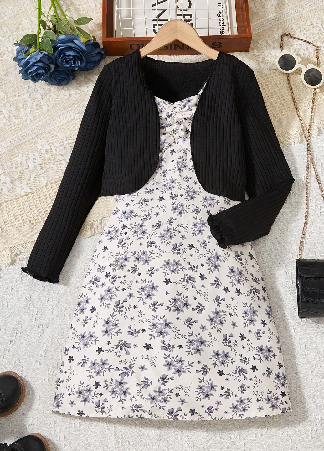 Черно-белый демисезонный костюм (кардиган, сарафан) с платьем SHEIN