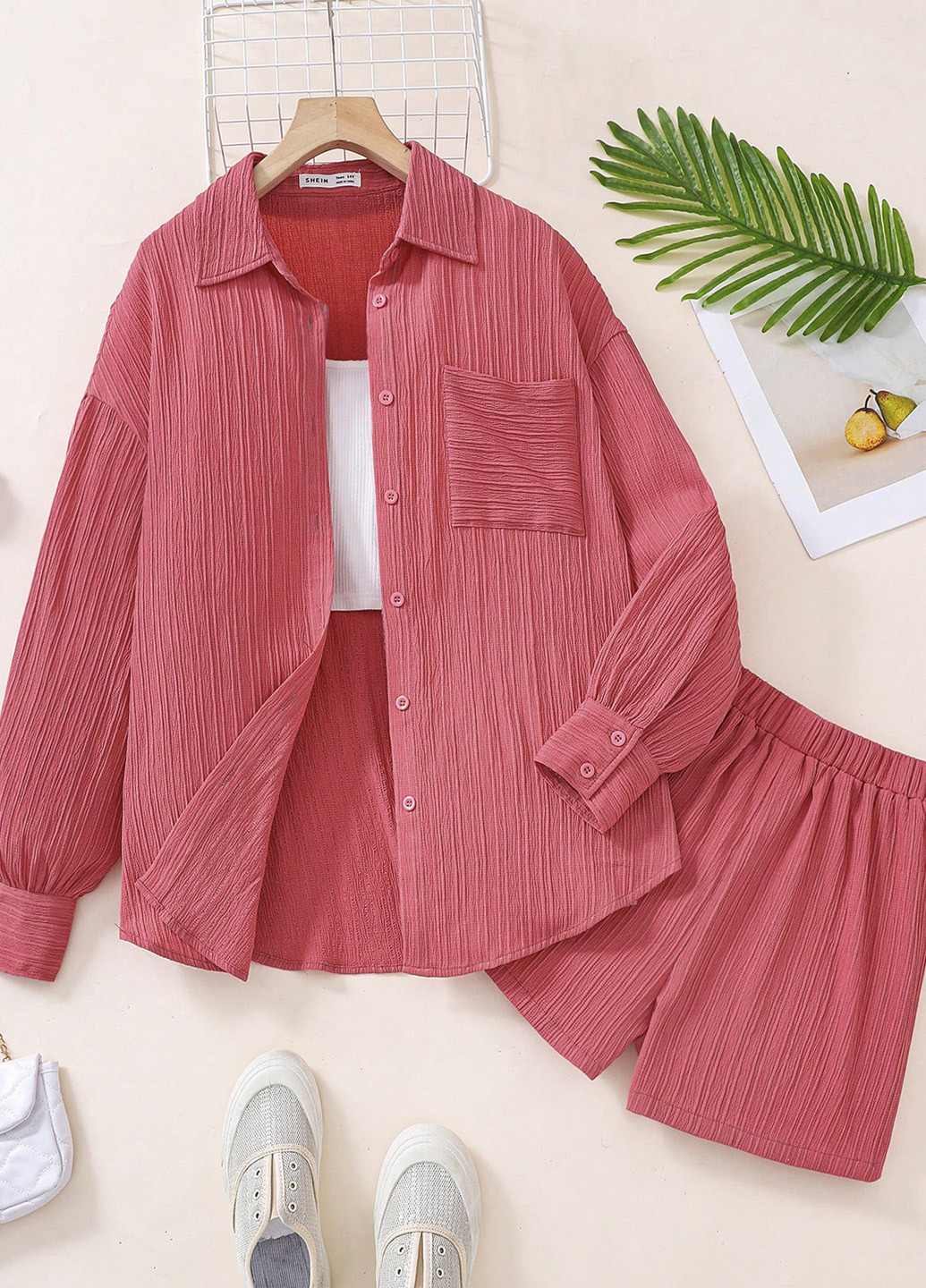 Коралловый демисезонный костюм (рубашка, топ, шорты) с рубашкой, с шортами, тройка SHEIN