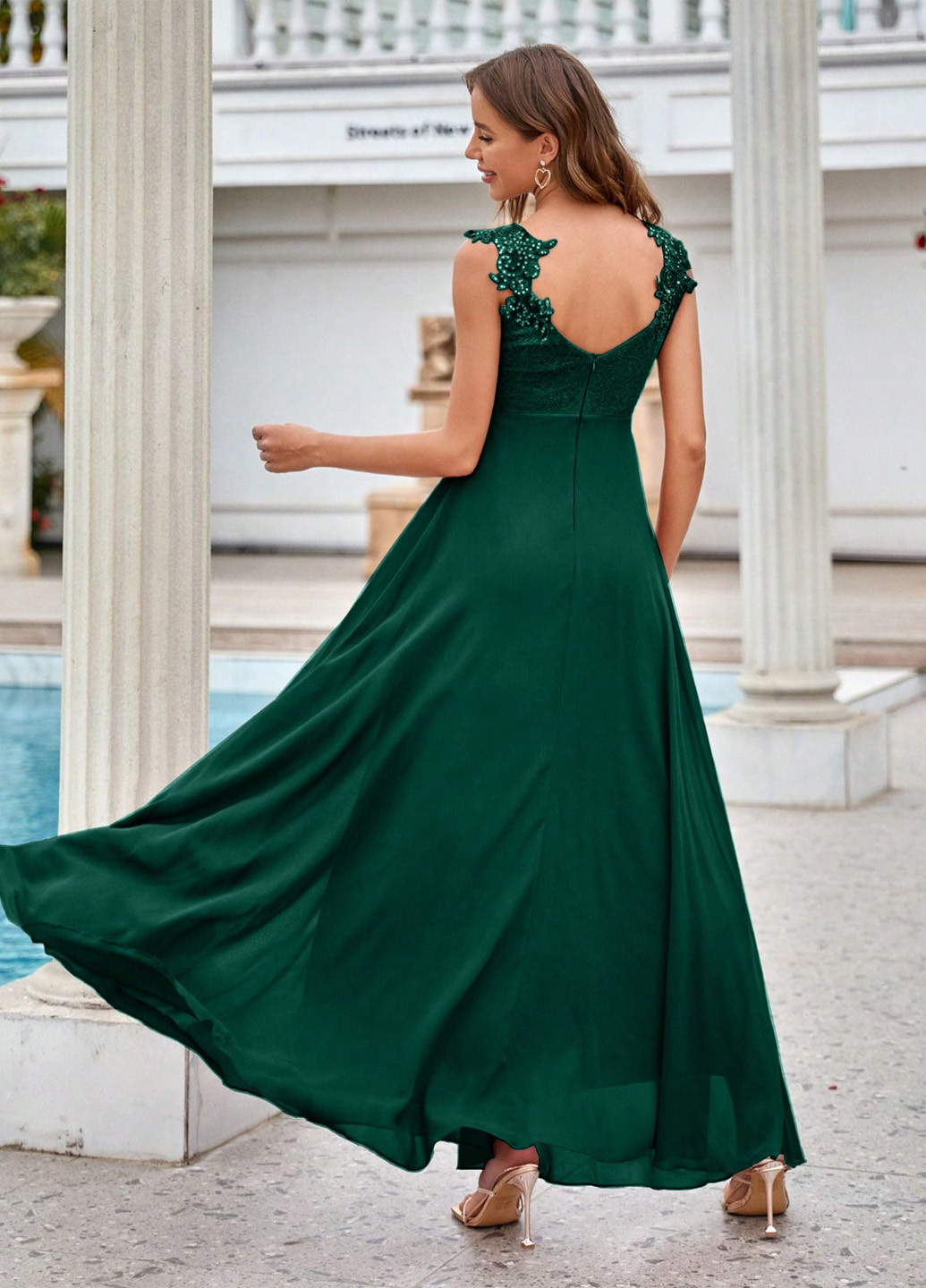 Зеленое вечернее платье с юбкой-солнце, в стиле ампир SHEIN однотонное