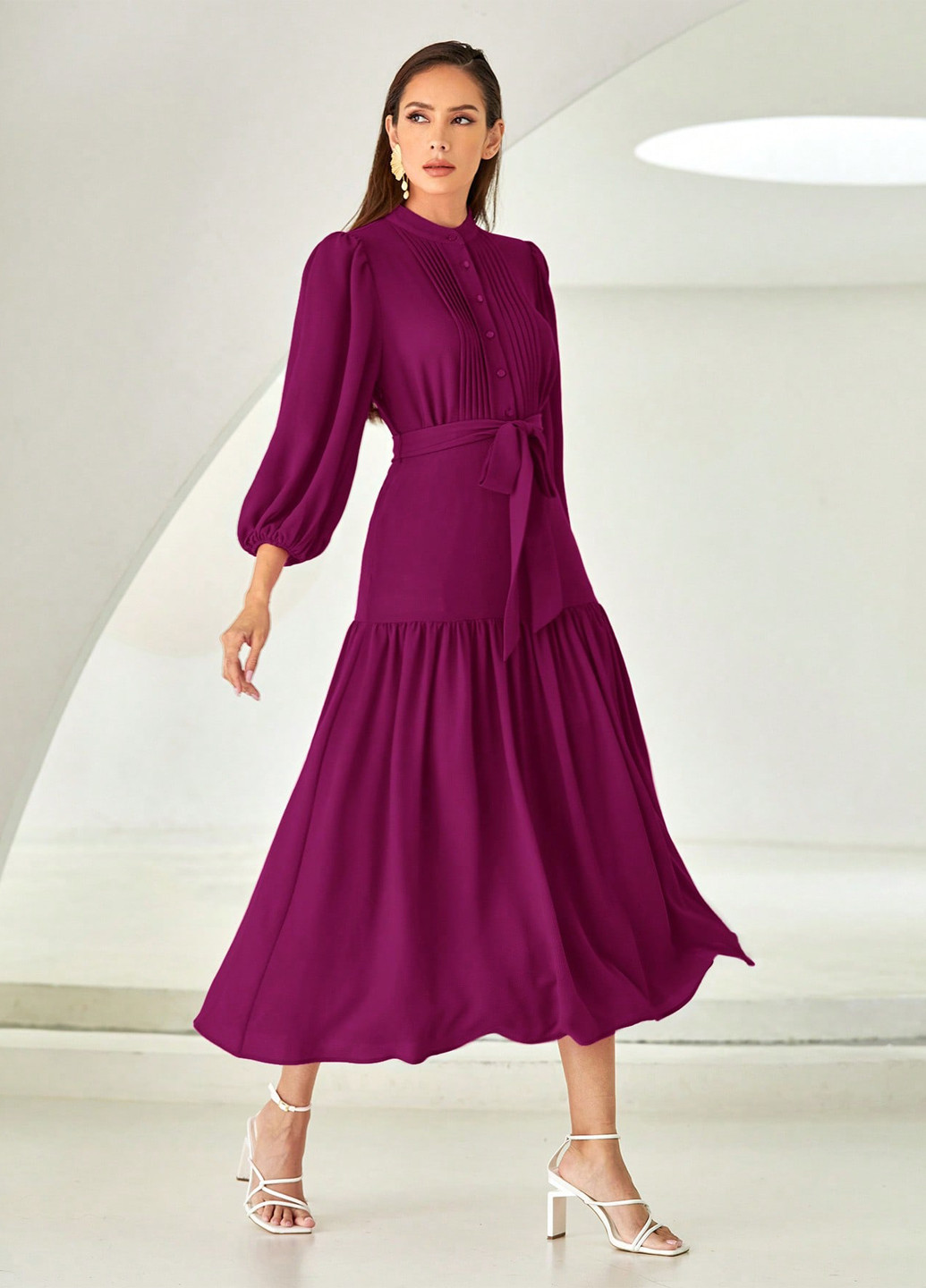 Темно-розовое кэжуал платье клеш SHEIN однотонное