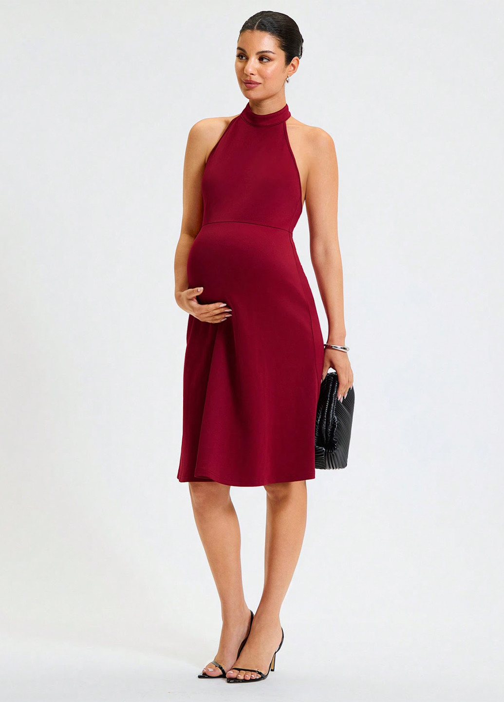 Вишневое кэжуал платье для беременных с открытой спиной, с открытыми плечами SHEIN однотонное