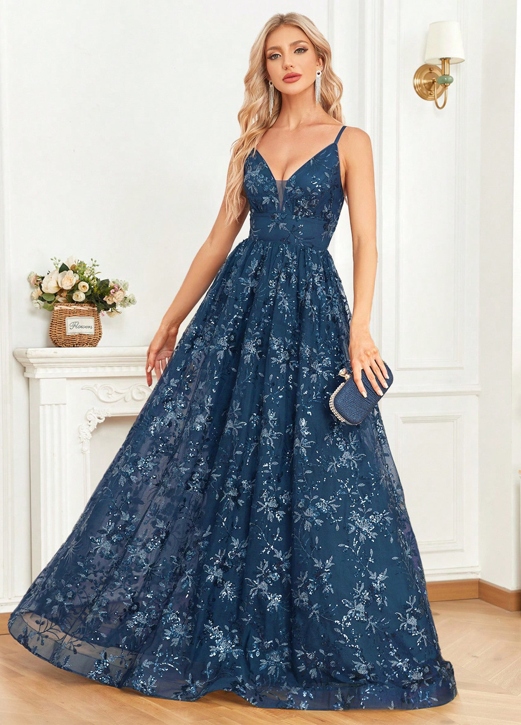 Бірюзова вечірня сукня з відкритою спиною, з пишною спідницею SHEIN з квітковим принтом