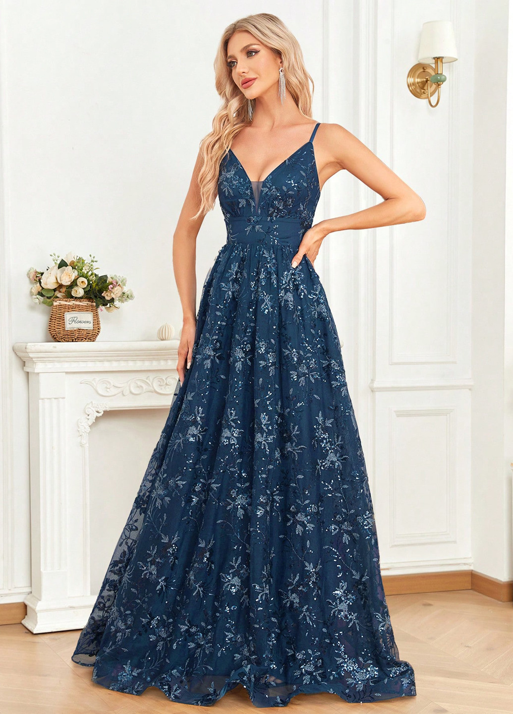 Бірюзова вечірня сукня з відкритою спиною, з пишною спідницею SHEIN з квітковим принтом