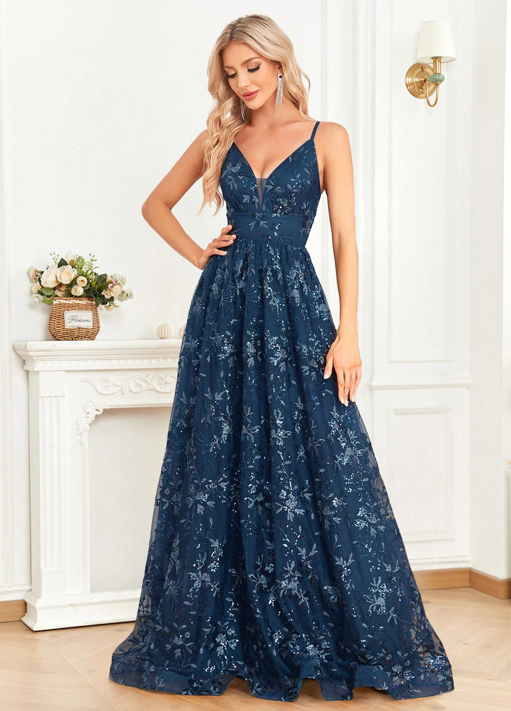 Бірюзова вечірня сукня з відкритою спиною, з пишною спідницею SHEIN з квітковим принтом