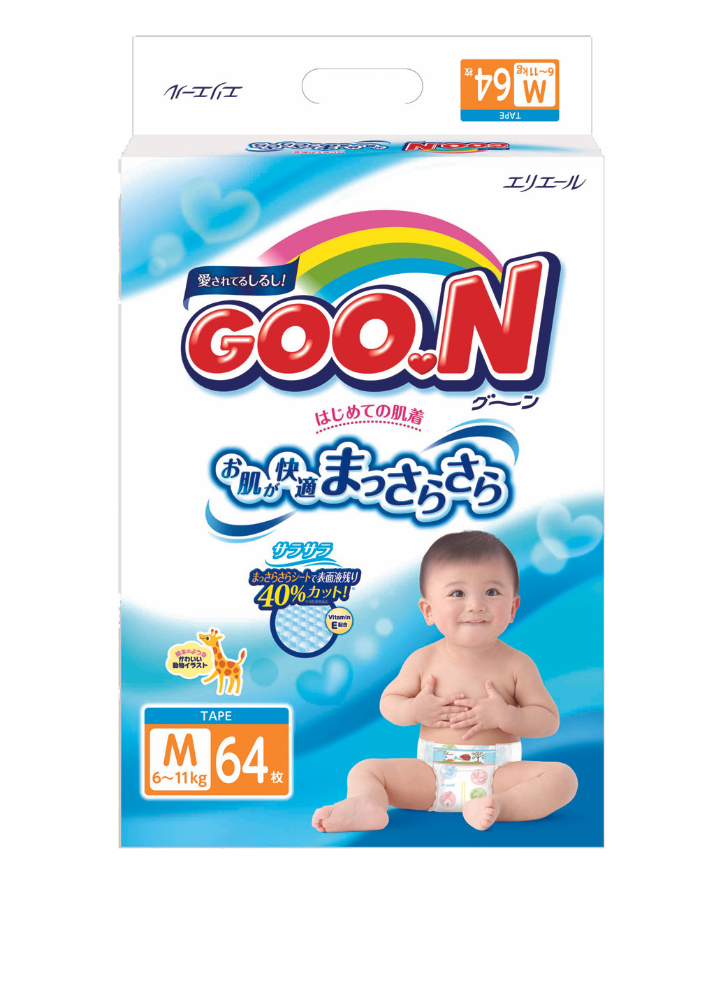 Підгузки для дітей 6-11 кг (розмір M, на липучках, унісекс, 64 шт) Goo.N (16989201)