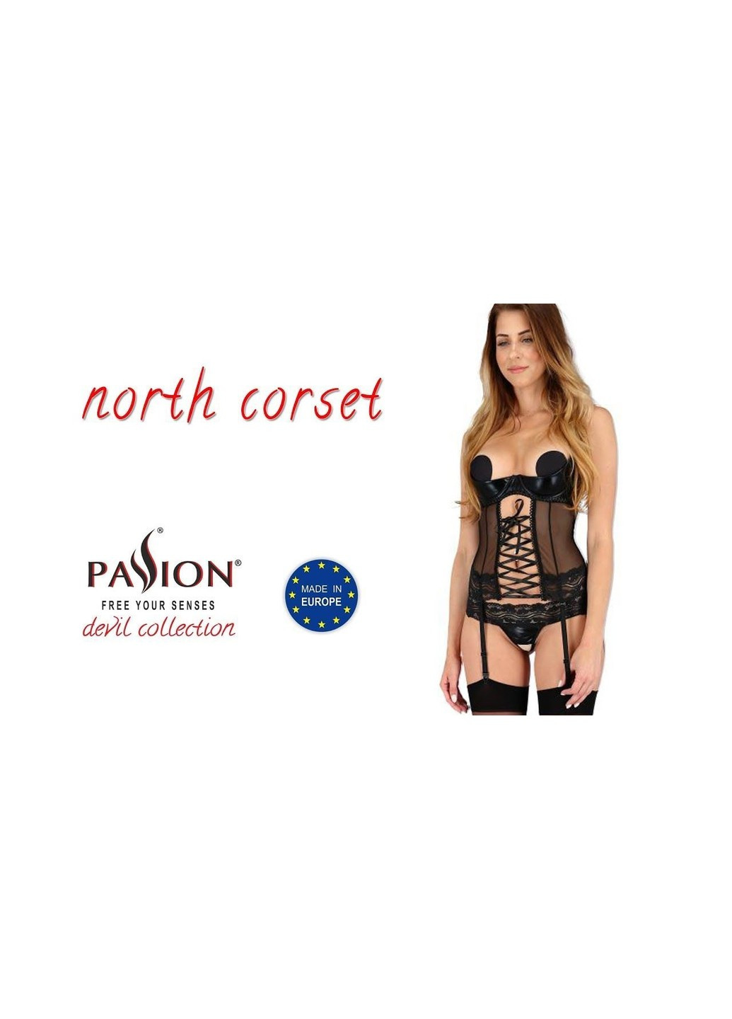 Корсет с открытой грудью NORTH CORSET black L/XL - Exclusive, пажи, трусики, шнуровка Passion (255457847)