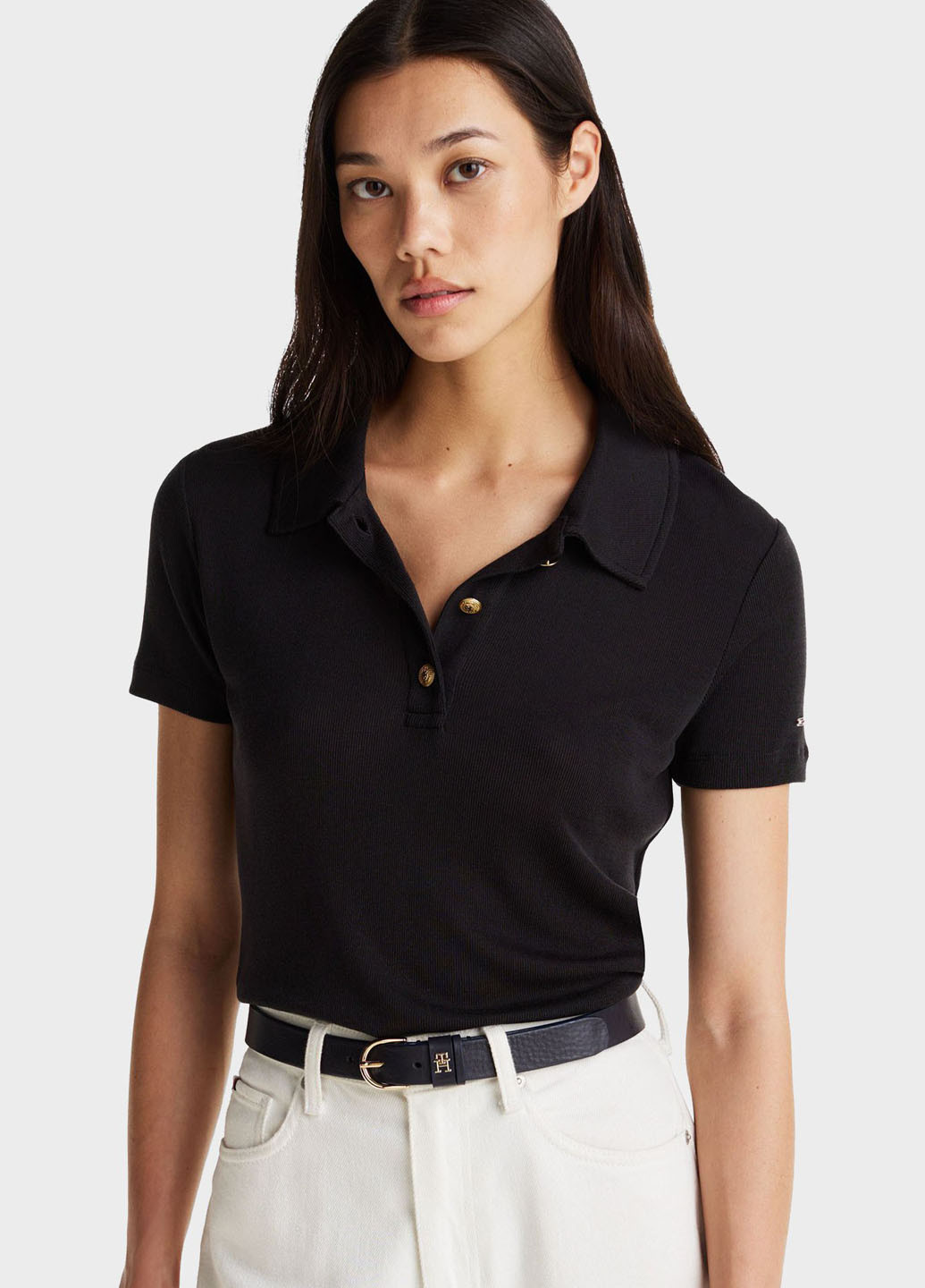 Черная женская футболка-поло Tommy Hilfiger однотонная