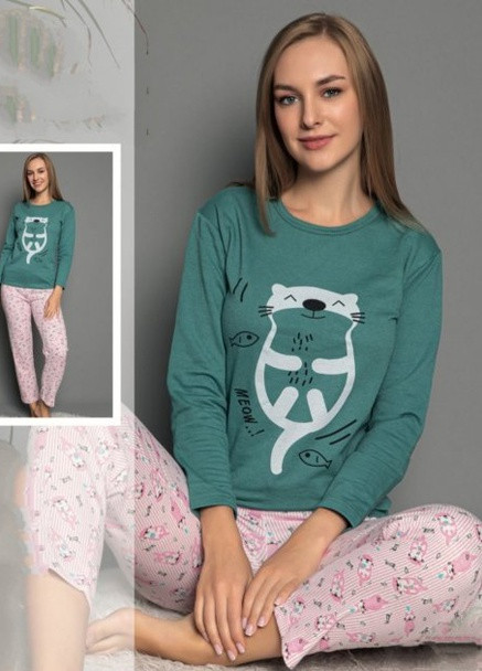 Зеленый зимний пижама с начесом (лонгслив, брюки) Lila Pijama
