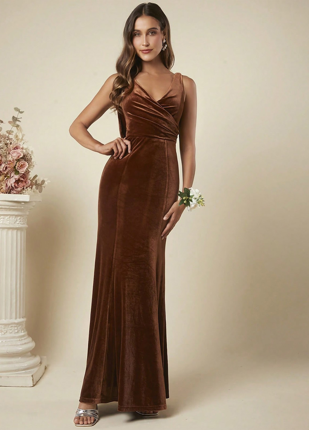 Медное вечернее платье годе, с открытой спиной SHEIN однотонное