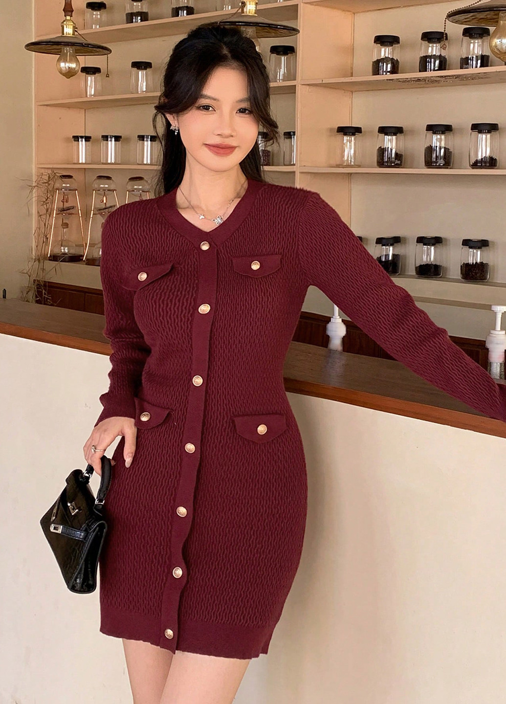 Бордова кежуал сукня силуетна, сукня светр SHEIN однотонна
