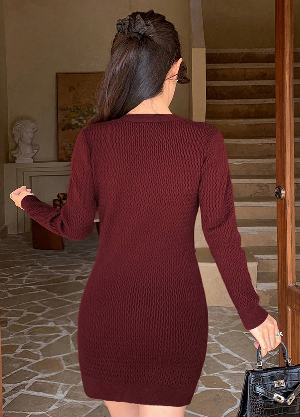 Бордова кежуал сукня силуетна, сукня светр SHEIN однотонна