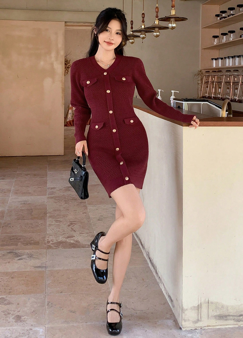 Бордова кежуал сукня силуетна, сукня светр SHEIN однотонна