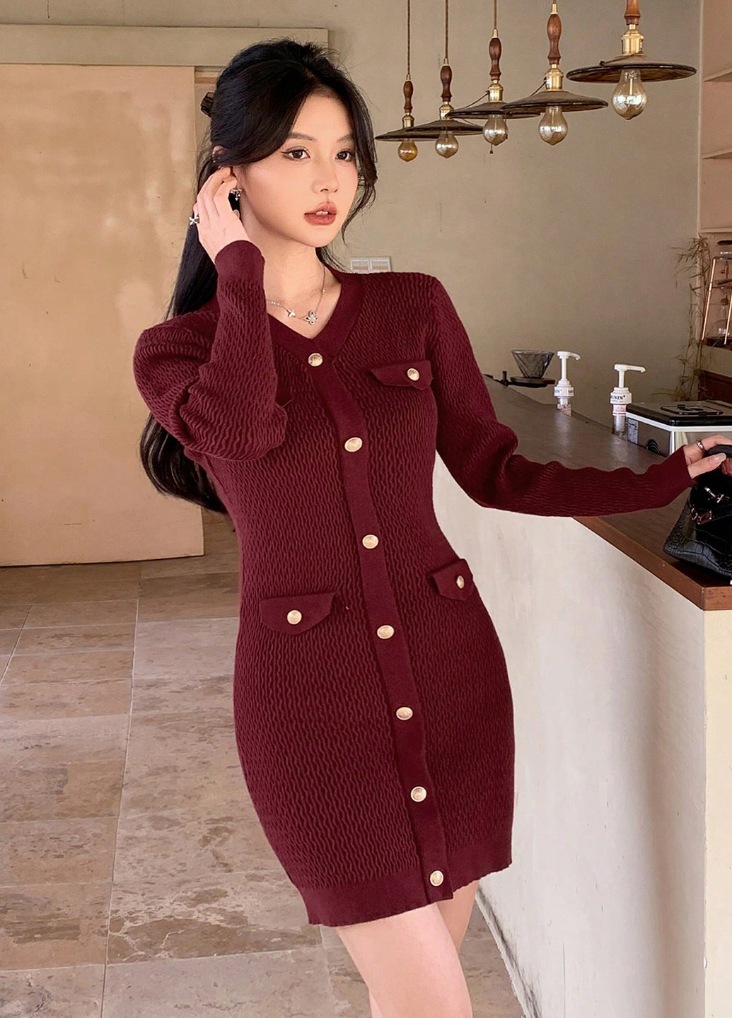 Бордова кежуал сукня силуетна, сукня светр SHEIN однотонна