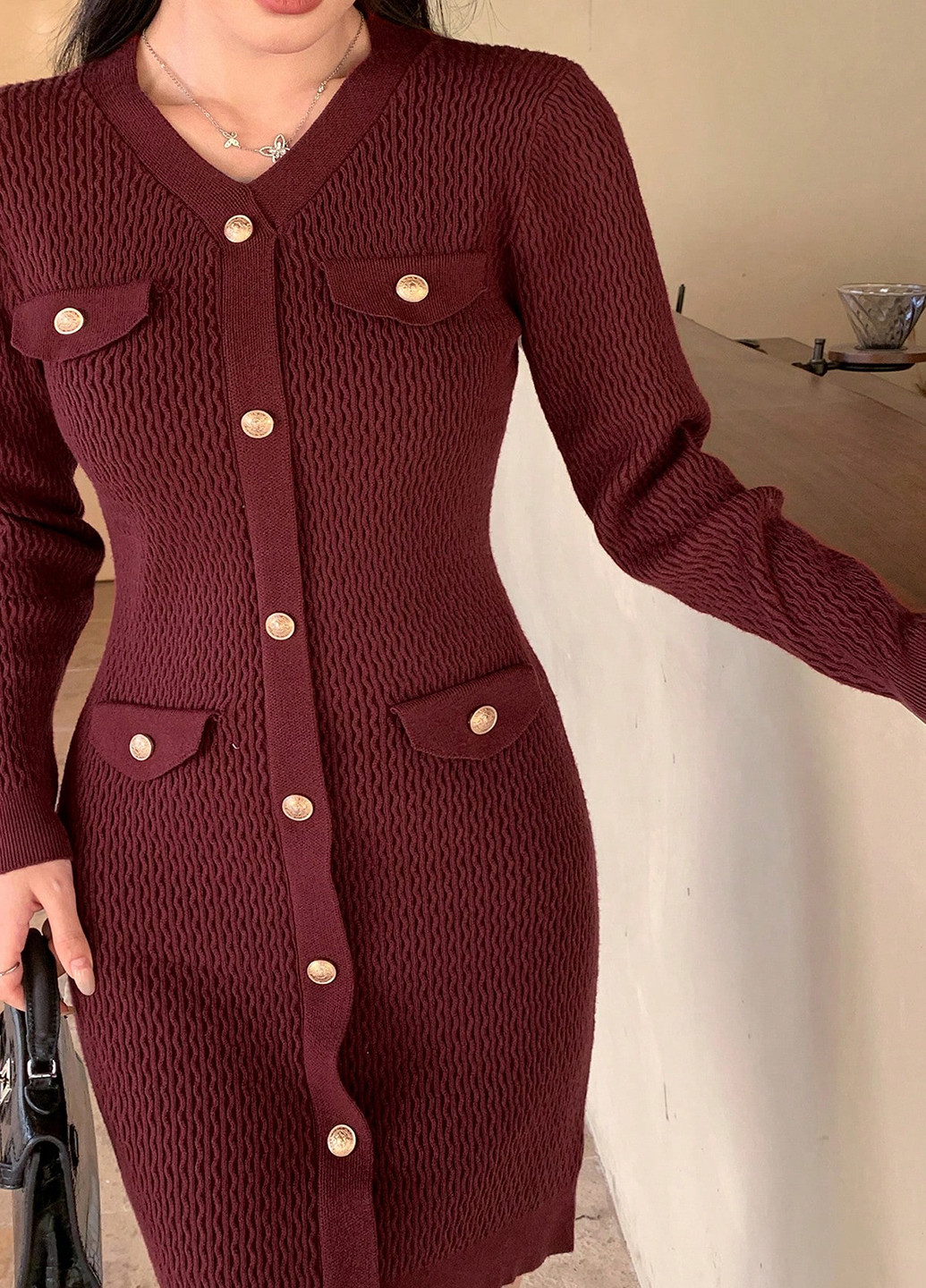 Бордова кежуал сукня силуетна, сукня светр SHEIN однотонна