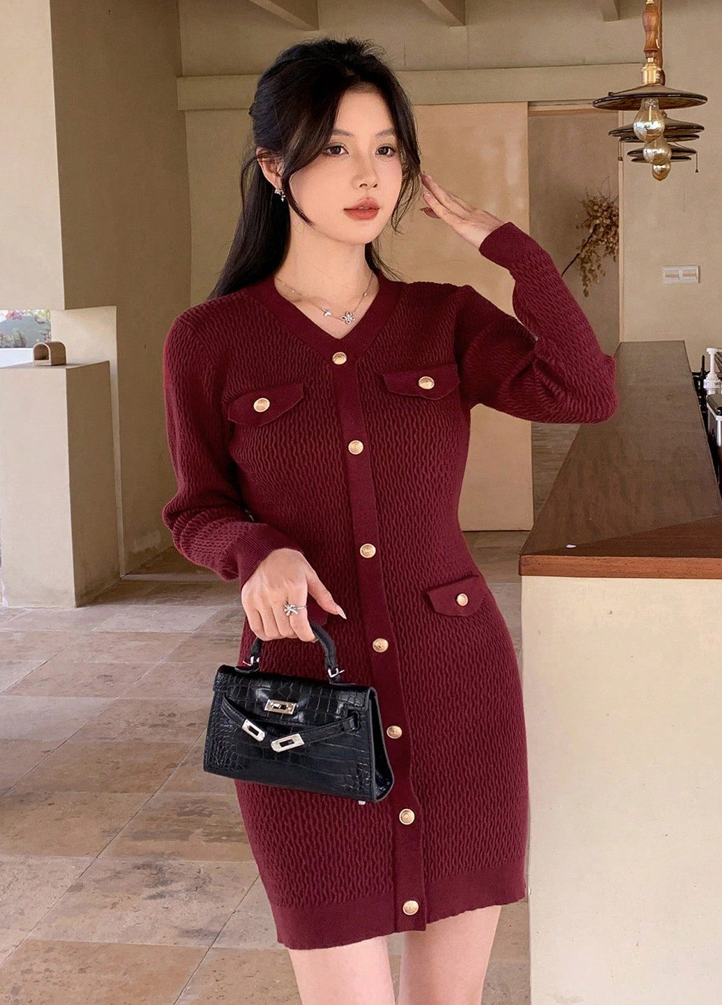 Бордова кежуал сукня силуетна, сукня светр SHEIN однотонна