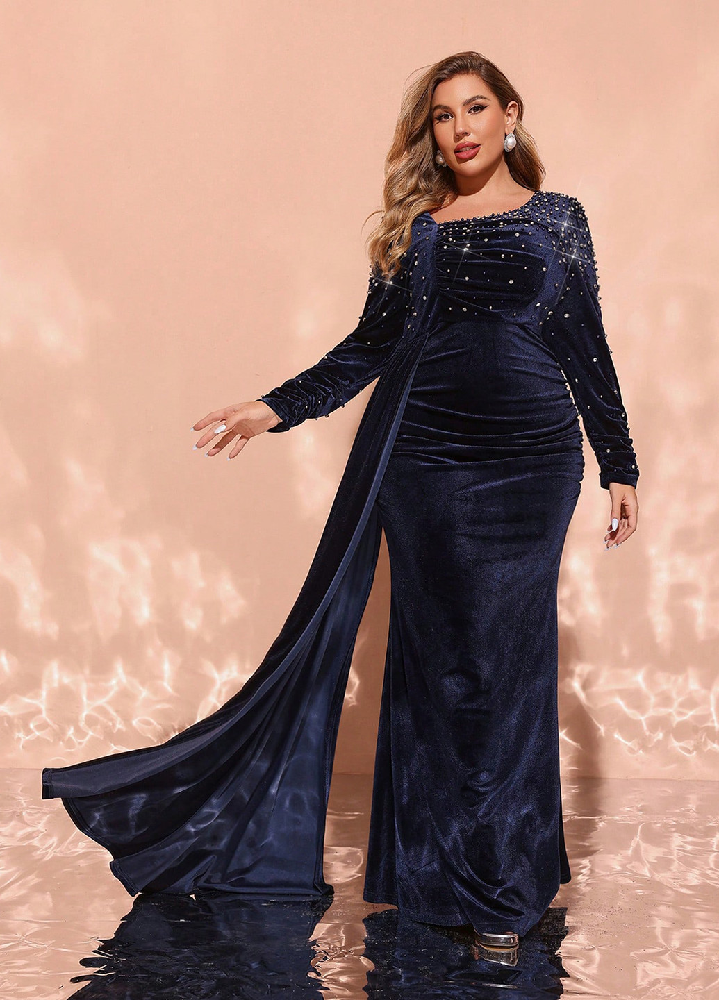 Темно-синее вечернее платье годе SHEIN однотонное