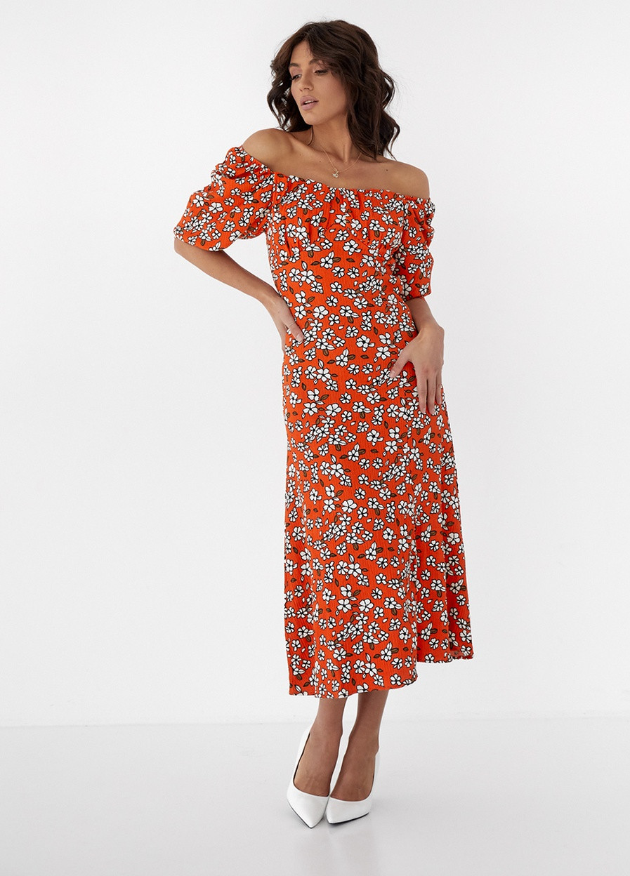 Оранжевое кэжуал платье No Brand с цветочным принтом