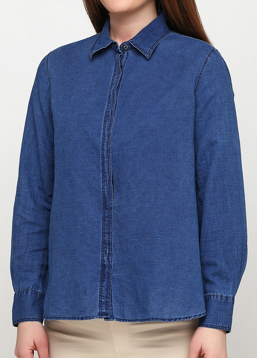 Синяя джинсовая рубашка однотонная Massimo Dutti с длинным рукавом