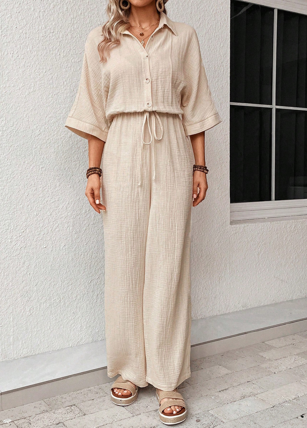 Комбинезон SHEIN комбинезон-брюки однотонный светло-бежевый кэжуал хлопок