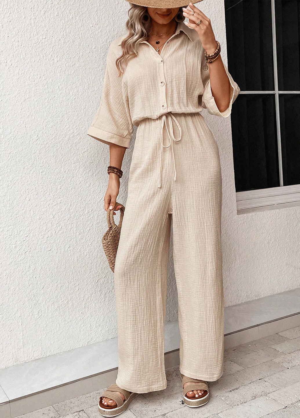 Комбинезон SHEIN комбинезон-брюки однотонный светло-бежевый кэжуал хлопок