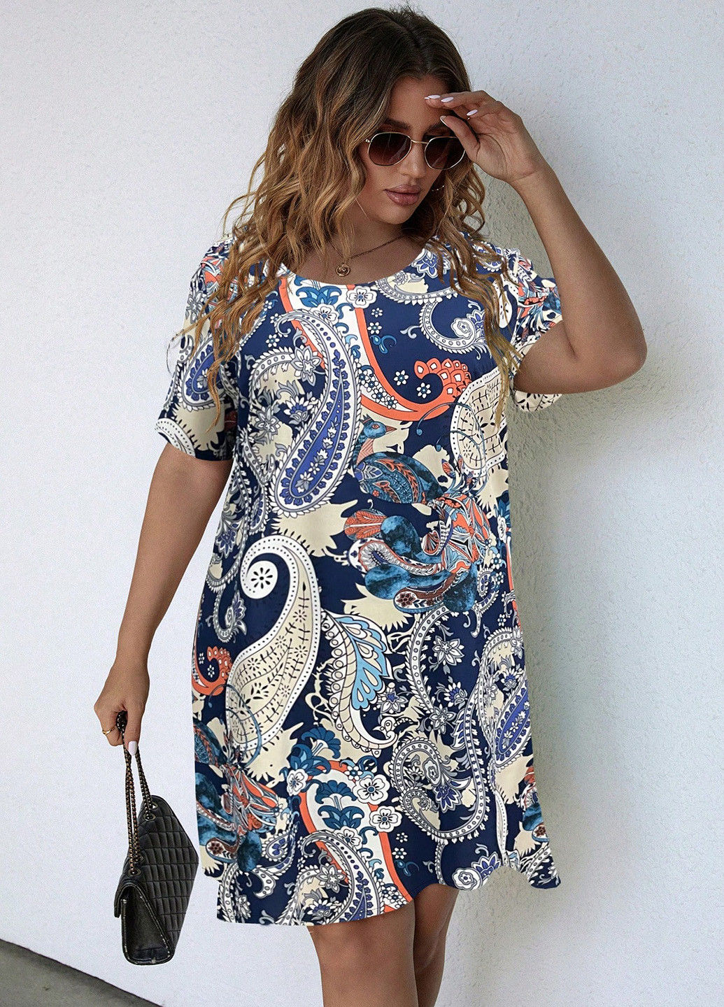 Синее кэжуал платье а-силуэт SHEIN с абстрактным узором