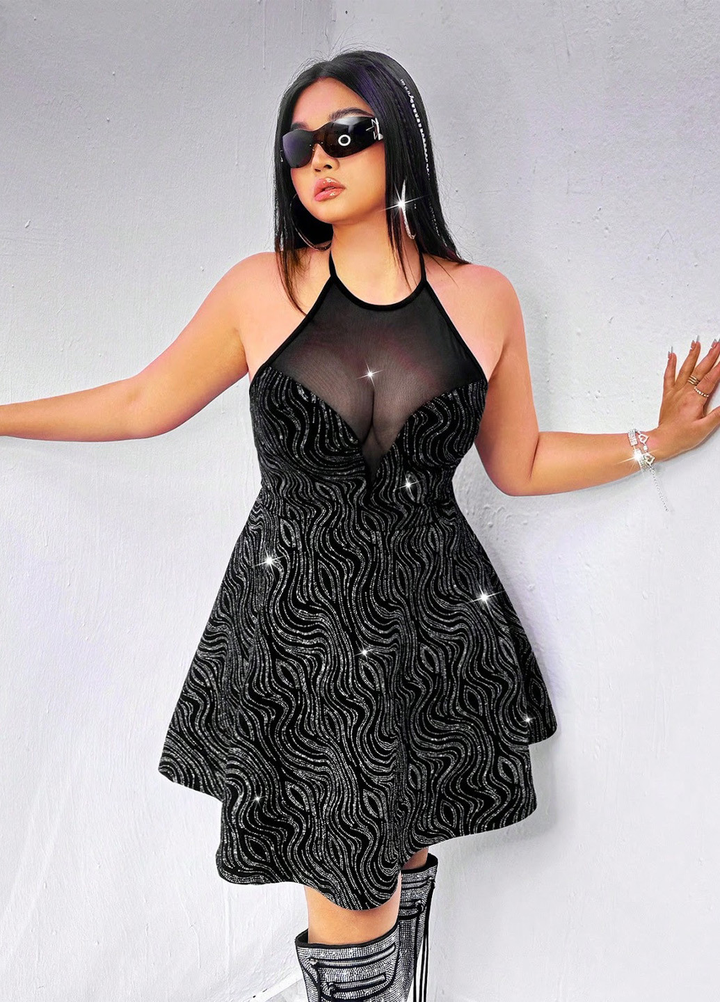 Черное вечернее платье клеш, с открытой спиной SHEIN однотонное