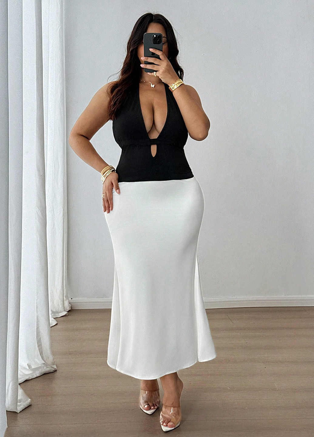 Белая вечерний однотонная юбка SHEIN а-силуэта (трапеция)