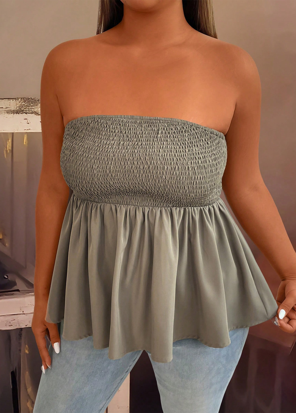 Темно-бежева блуза з баскою SHEIN