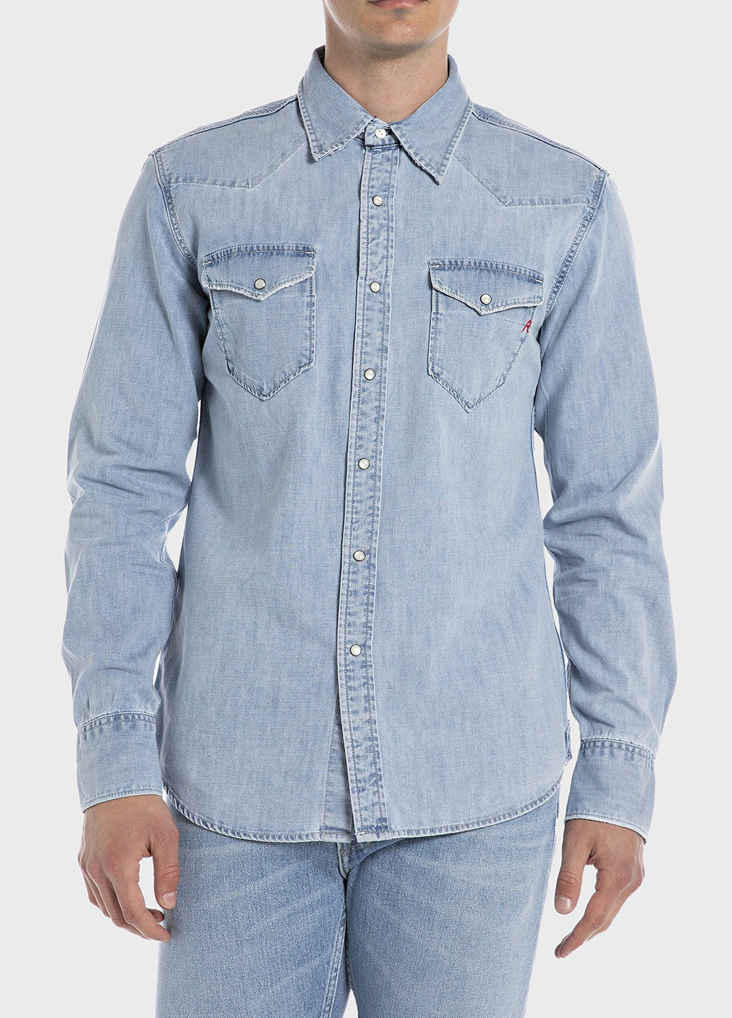 Голубой кэжуал, джинсовая рубашка однотонная Replay