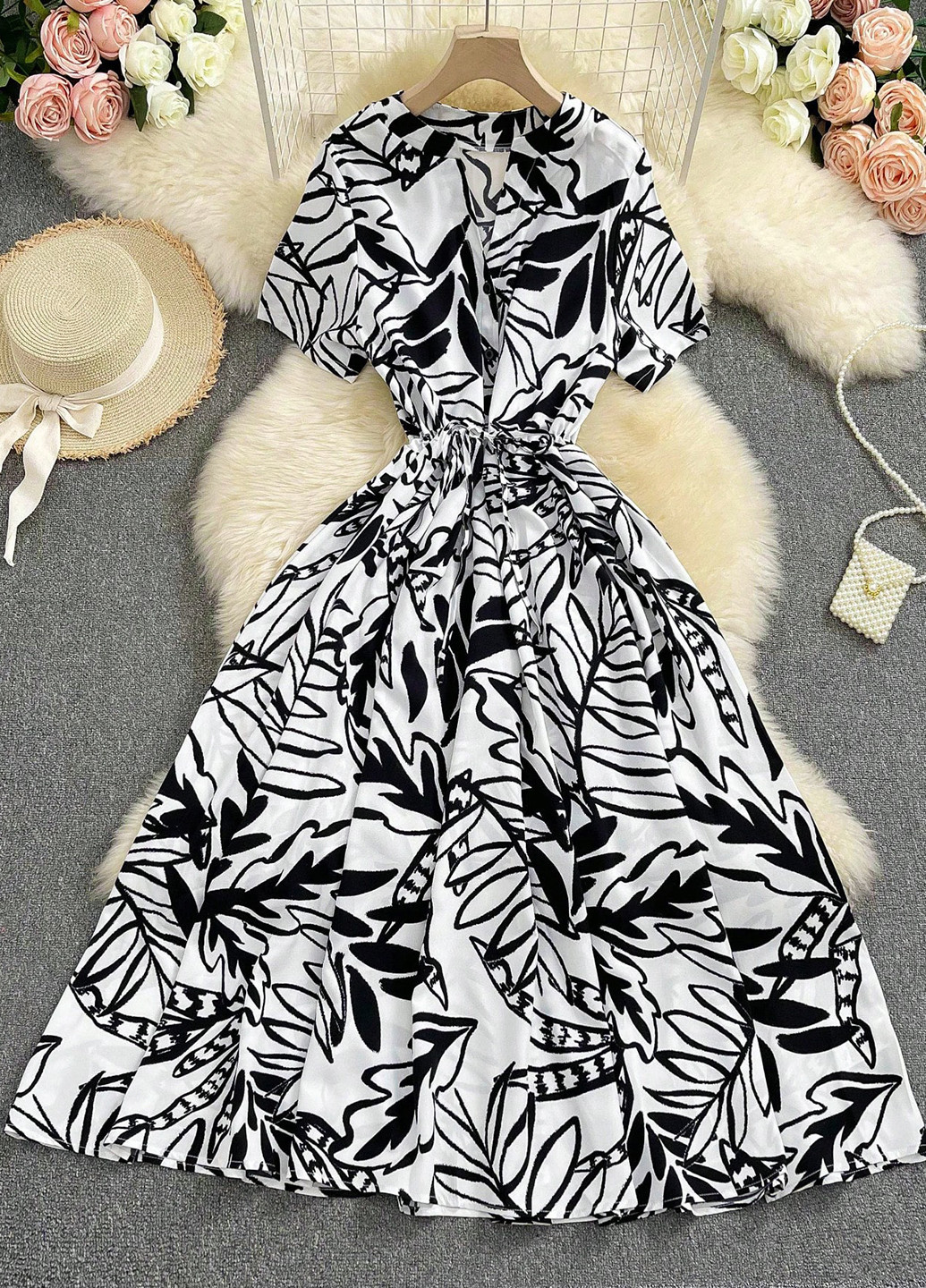 Черно-белое кэжуал платье а-силуэт, рубашка SHEIN с рисунком