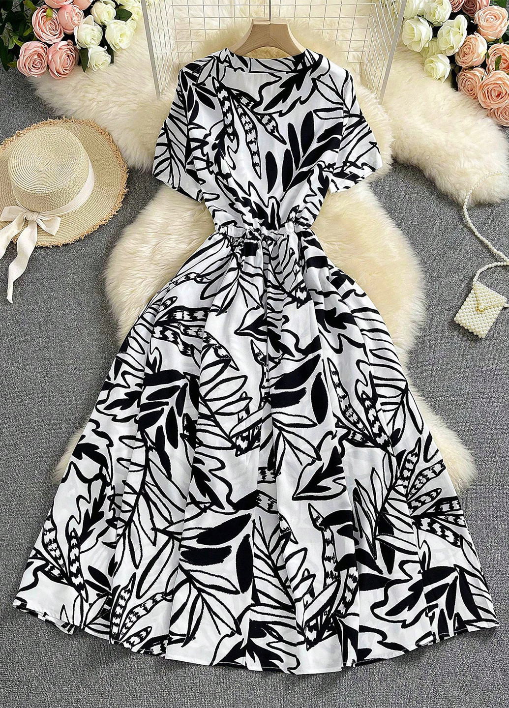 Черно-белое кэжуал платье а-силуэт, рубашка SHEIN с рисунком