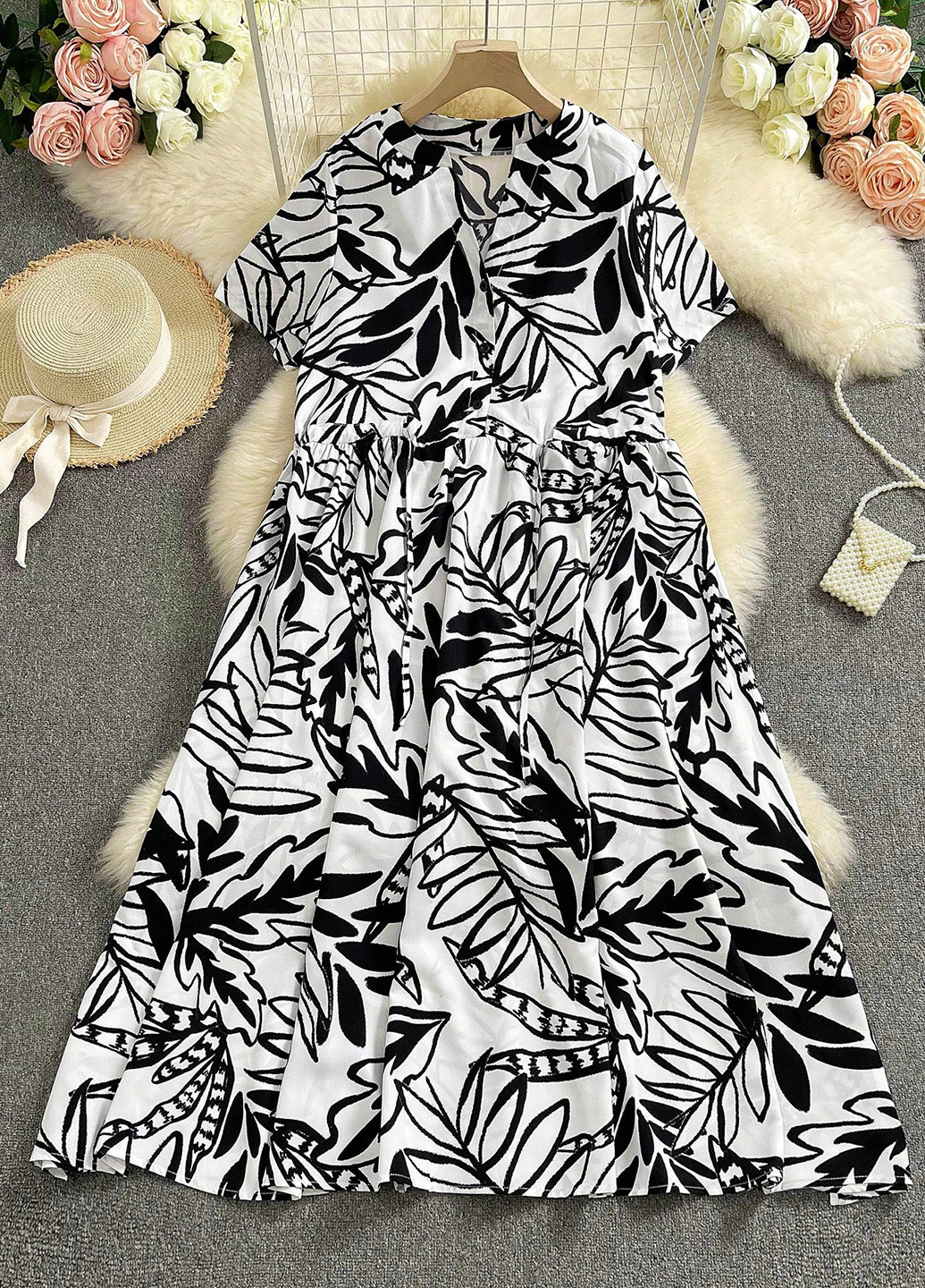 Черно-белое кэжуал платье а-силуэт, рубашка SHEIN с рисунком