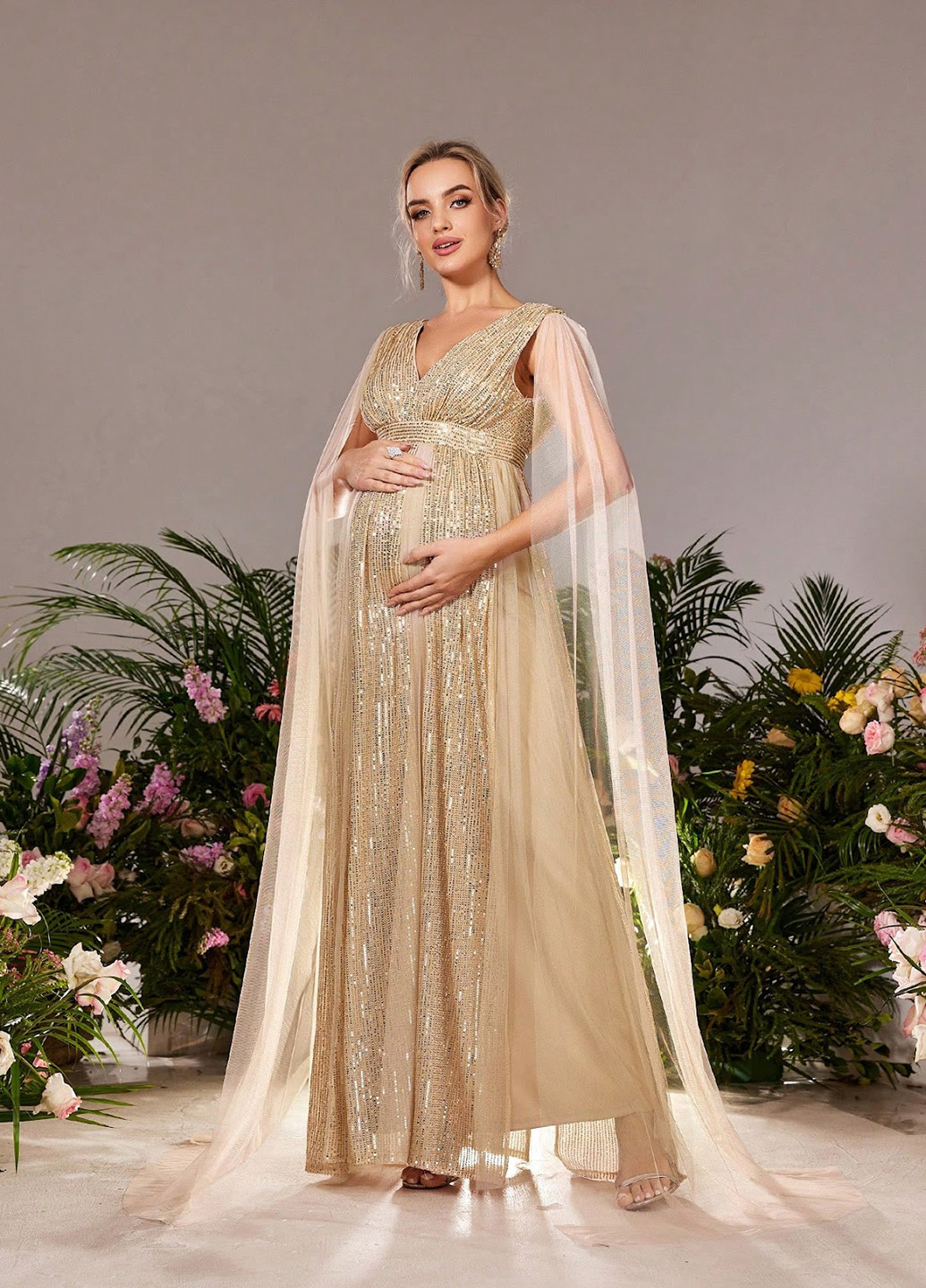 Светло-бежевое вечернее платье для беременных SHEIN однотонное