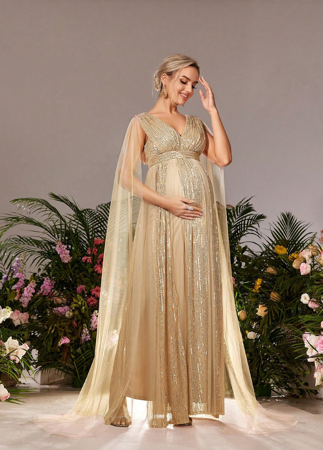 Светло-бежевое вечернее платье для беременных SHEIN однотонное