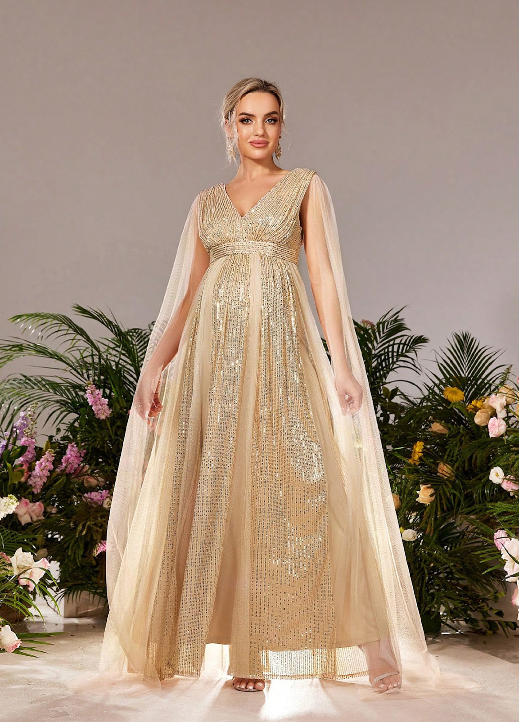 Светло-бежевое вечернее платье для беременных SHEIN однотонное