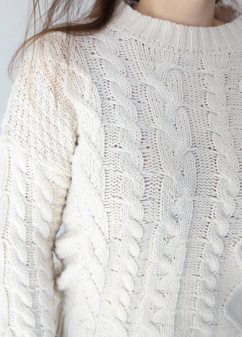Белый демисезонный свитер женский белый крупная вязка косами JEANSclub Свободная