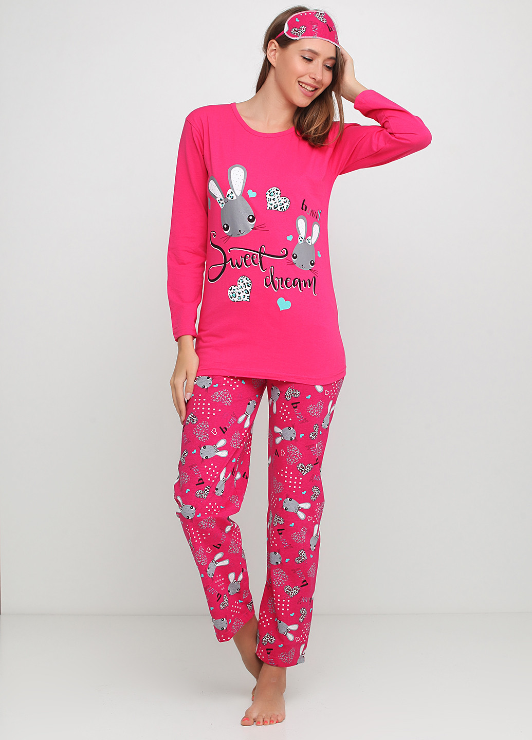 Малиновый демисезонный комплект (лонгслив, брюки, маска для сна) Rinda Pijama