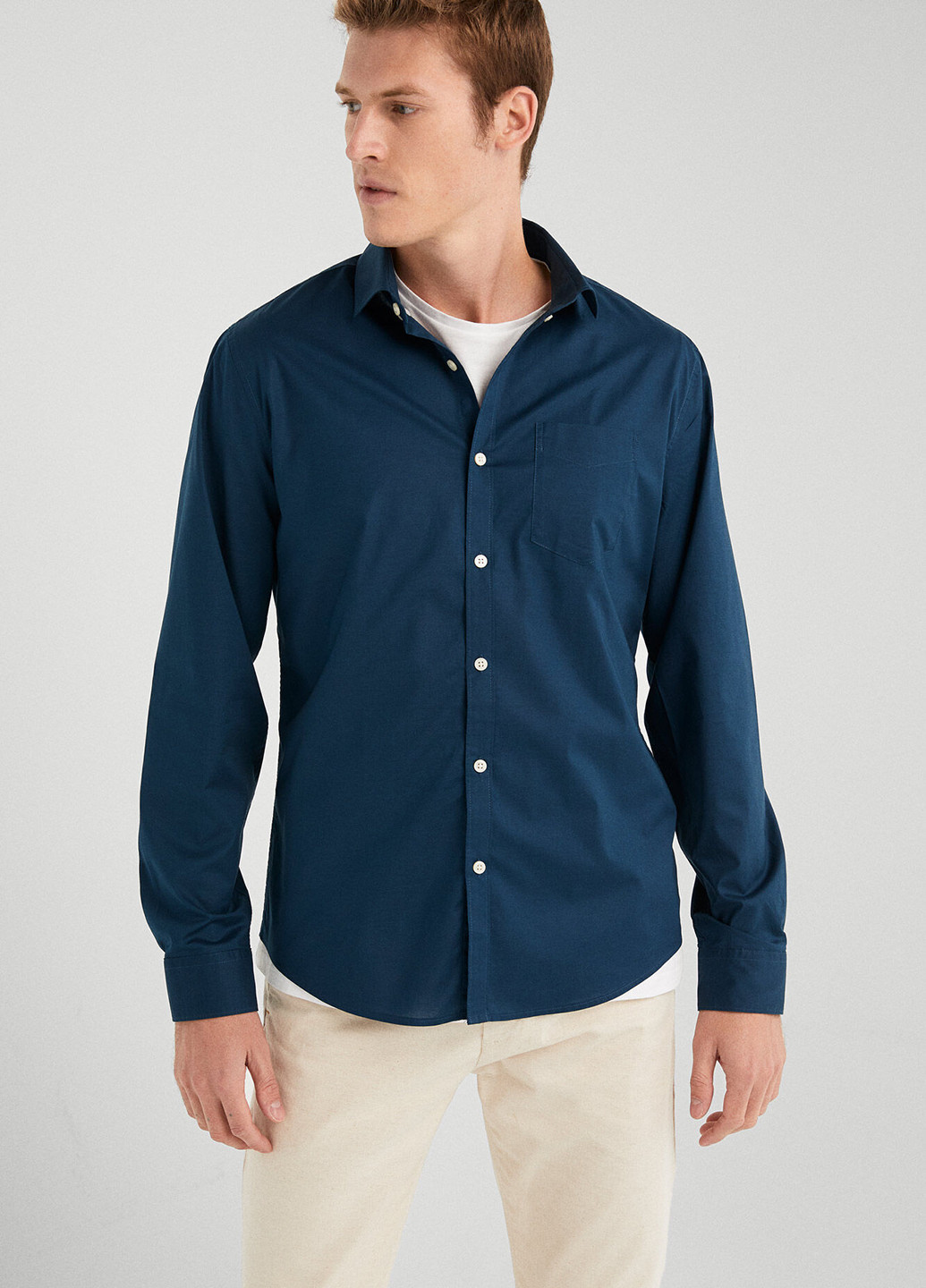 Синяя кэжуал рубашка однотонная Springfield с длинным рукавом