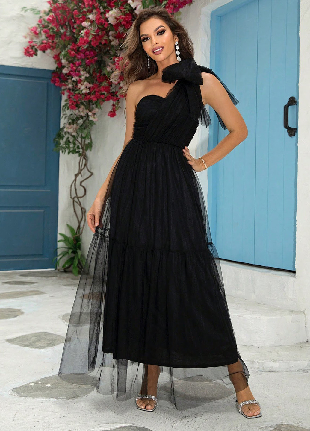 Чорна святковий сукня на одне плече SHEIN однотонна