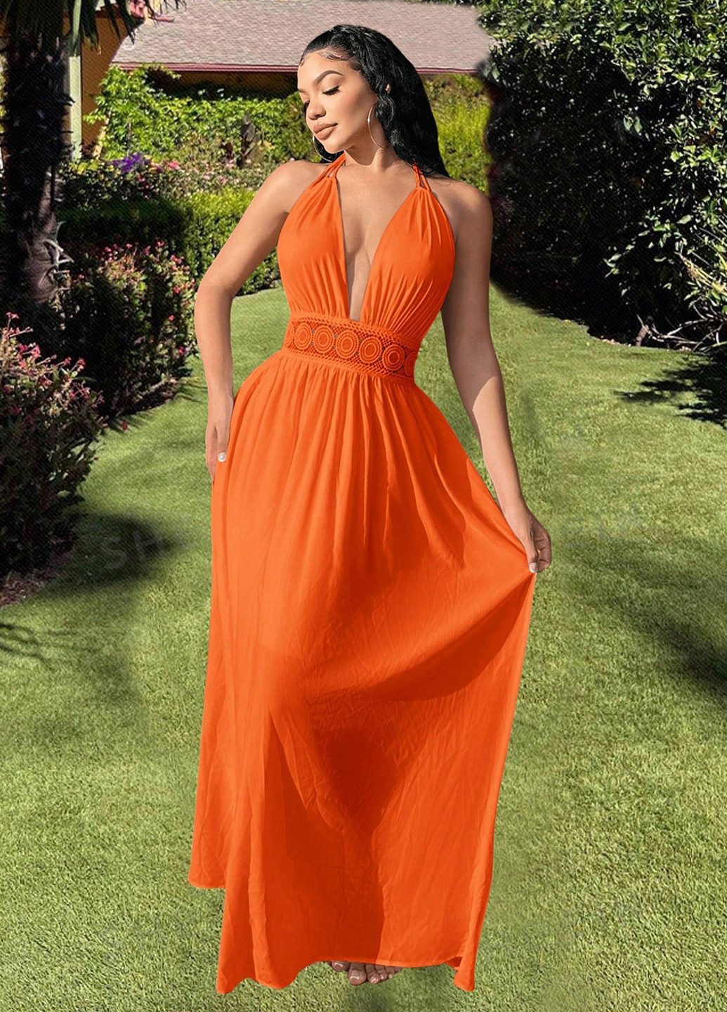 Оранжевое кэжуал, пляжное платье а-силуэт, с открытой спиной SHEIN однотонное